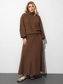 Maija Women's Plus Size 2 Pieces Set With High Neck Long Sleeve Top And Long Skirt - Brown - View 6