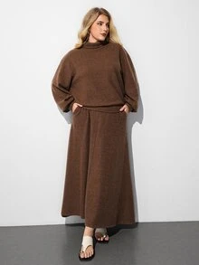 Maija Women's Plus Size 2 Pieces Set With High Neck Long Sleeve Top And Long Skirt - Brown - View 4