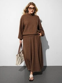 Maija Women's Plus Size 2 Pieces Set With High Neck Long Sleeve Top And Long Skirt - Brown - View 1