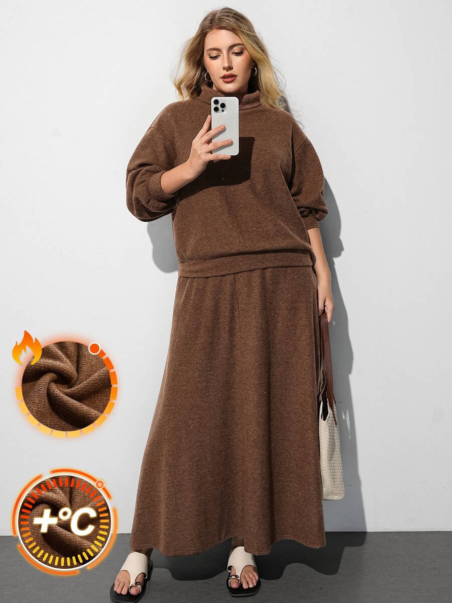 Maija 女款大尺碼兩件套,高領長袖上衣搭配長裙 - 棕色 - 查看 1