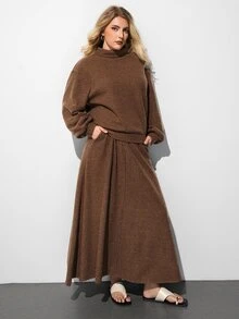 Maija Women's Plus Size 2 Pieces Set With High Neck Long Sleeve Top And Long Skirt - Brown - View 7