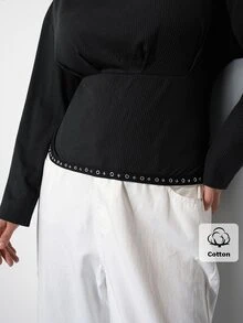 Maija ملابس علوية نسائية مقاس كبير بياقة قارب سوداء مضلعة مع زينة نجمة على الحافة، مناسبة للمواعدة والعطلات والحفلات والارتداء اليومي والتجمعات والأنشطة الخارجية - الأسود - مشاهدة 5