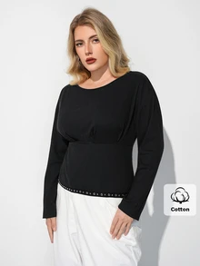 Maija ملابس علوية نسائية مقاس كبير بياقة قارب سوداء مضلعة مع زينة نجمة على الحافة، مناسبة للمواعدة والعطلات والحفلات والارتداء اليومي والتجمعات والأنشطة الخارجية - الأسود - مشاهدة 6