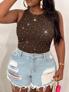 Slaydiva 95% Cotton Comfortable Soft Rhinestone Tank Top Plus Size Casual Basic Slim Fit Brown Round Neck Plus Size Casual Basic Slim Fit White Round Neck Cold Shoulder Tank Top - Brown - View 5