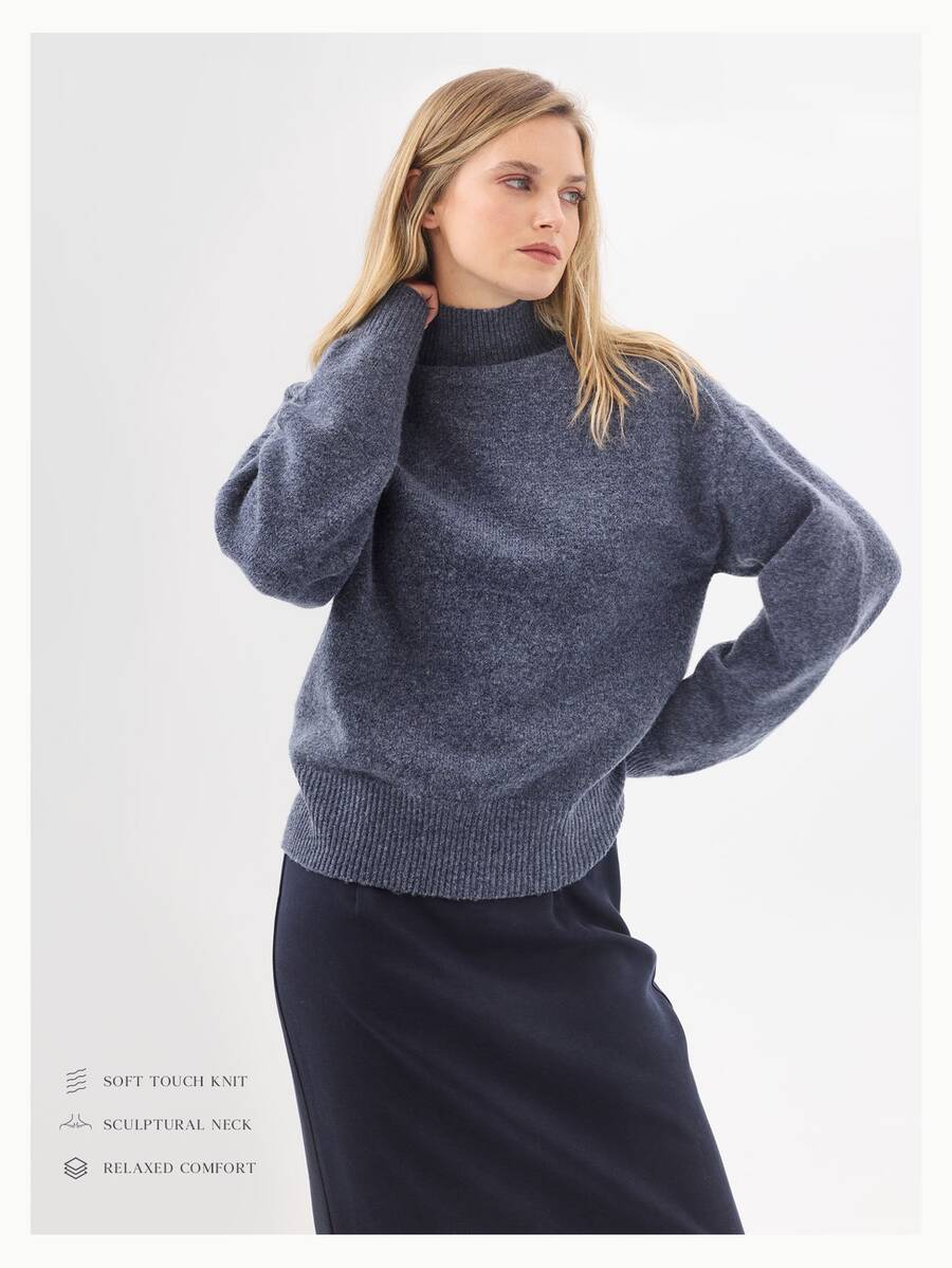 KÆRIA Hus Sweater Leher Corong Lengan Panjang - Rajutan Lembut - Biru Tua Marle - Potongan Longgar, Minimalis Kasual Dasar, Klasik untuk Kantor Sehari-hari di Musim Gugur - Biru - View 1