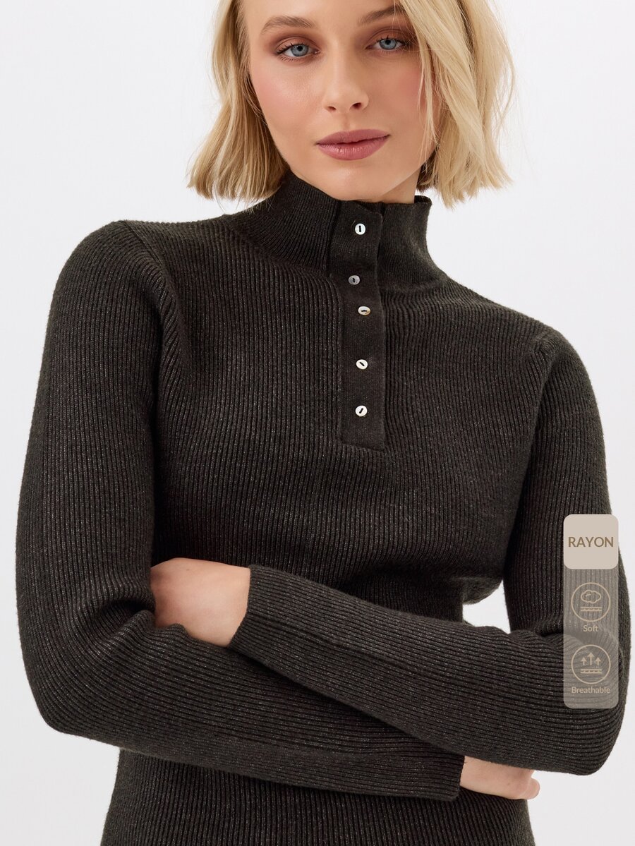 KÆRIA Hus Fine Button High Neck Jumper - Lustrous Compact Knit - Dark Green - Elegant Basics, Luxury, Casual, Modern Work Office Fall - Black - View 1