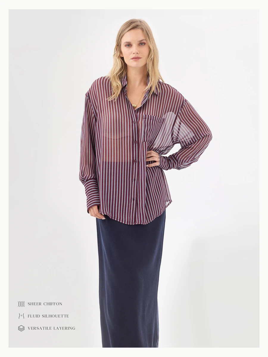 KÆRIA Hus Kemeja Kancing Lengan Panjang Transparan - Chiffon - Garis Biru Muda - Santai, Pakaian Kerja Kantor, Pakaian Kasual Elegan Musim Panas - Berwarna merah muda - View 1