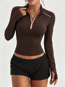 Dewbera Dewbera Women's Brown Slim Fit Half-Zip Stand Collar Long Sleeve Sweatshirt With Thumb Holes Contrast Color Patchwork, Fashionable For Yoga Gym Tennis Fall - Brown - View 1