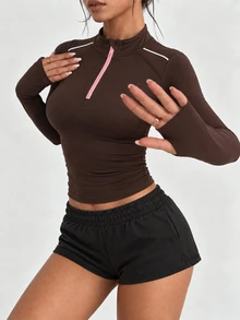 Dewbera Dewbera Women's Brown Slim Fit Half-Zip Stand Collar Long Sleeve Sweatshirt With Thumb Holes Contrast Color Patchwork, Fashionable For Yoga Gym Tennis Fall - Brown - View 6