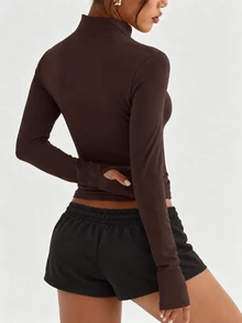 Dewbera Dewbera Women's Brown Slim Fit Half-Zip Stand Collar Long Sleeve Sweatshirt With Thumb Holes Contrast Color Patchwork, Fashionable For Yoga Gym Tennis Fall - Brown - View 4