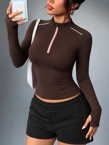Dewbera Dewbera Women's Brown Slim Fit Half-Zip Stand Collar Long Sleeve Sweatshirt With Thumb Holes Contrast Color Patchwork, Fashionable For Yoga Gym Tennis Fall - Brown - View 3