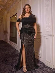 Glamrae Plus Size Black Lace Asymmetric Neck Elegant Sheer-Look Gothic High Slit Heavy Embellished Evening Gown - Black - View 5