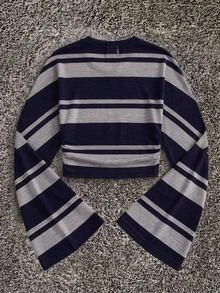 Attitoon T-shirt ajusté à manches longues avec manches chauve-souris gris, nouveau pour l'automne, top basique élégant et décontracté pour le printemps, l'été, l'automne et l'hiver, convient pour les sorties et les fêtes, pour femmes, rayures bleu marine et gris, style collégial, tenue de rentrée scolaire, vêtements de club, streetwear décontracté pour jeunes, chic minimaliste, style cool moto cargo, mode Y2K - Multicolore - Voir 2