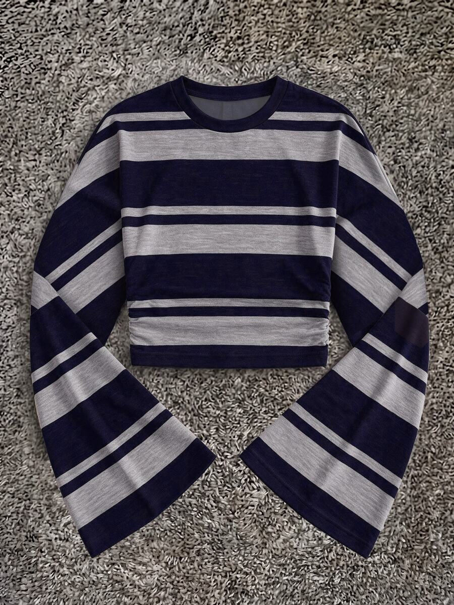 Attitoon T-shirt ajusté à manches longues avec manches chauve-souris gris, nouveau pour l'automne, top basique élégant et décontracté pour le printemps, l'été, l'automne et l'hiver, convient pour les sorties et les fêtes, pour femmes, rayures bleu marine et gris, style collégial, tenue de rentrée scolaire, vêtements de club, streetwear décontracté pour jeunes, chic minimaliste, style cool moto cargo, mode Y2K - Multicolore - Voir 1
