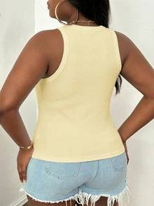Slaydiva Camiseta de tirantes acanalada de 92% algodón, talla grande, casual, básica, ajustada, amarilla, cuello redondo, hombros descubiertos - Amarillo - Ver 2
