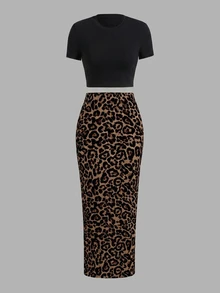 Slaydiva Plus Size Women's Solid Color Cropped Round Neck Short Sleeve T-Shirt And Leopard Print Fitted Skirt 2pcs Set - Multicolor - View 4