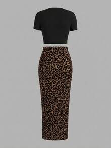 Slaydiva Plus Size Women's Solid Color Cropped Round Neck Short Sleeve T-Shirt And Leopard Print Fitted Skirt 2pcs Set - Multicolor - View 2