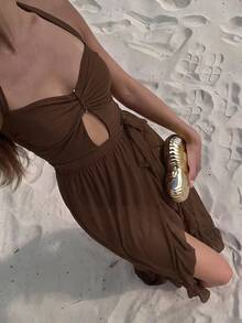 Bonvoyette Women's Solid Color Halter One-Piece Swimsuit And Skirt, Suitable For Beach Vacation, Pool Party, Beach Party - Brown - View 2