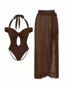 Bonvoyette Women's Solid Color Halter One-Piece Swimsuit And Skirt, Suitable For Beach Vacation, Pool Party, Beach Party - Brown - View 4
