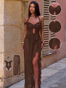 Bonvoyette Women's Solid Color Halter One-Piece Swimsuit And Skirt, Suitable For Beach Vacation, Pool Party, Beach Party - Brown - View 6