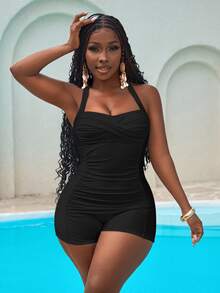 Slaydiva 2025New Arrivals Plus Size Solid Color One Piece Swimsuit, Vacation Beach Vacation Party Bathing Suit Black Halter Vintage Elegant Sexy Summer - Black - View 4