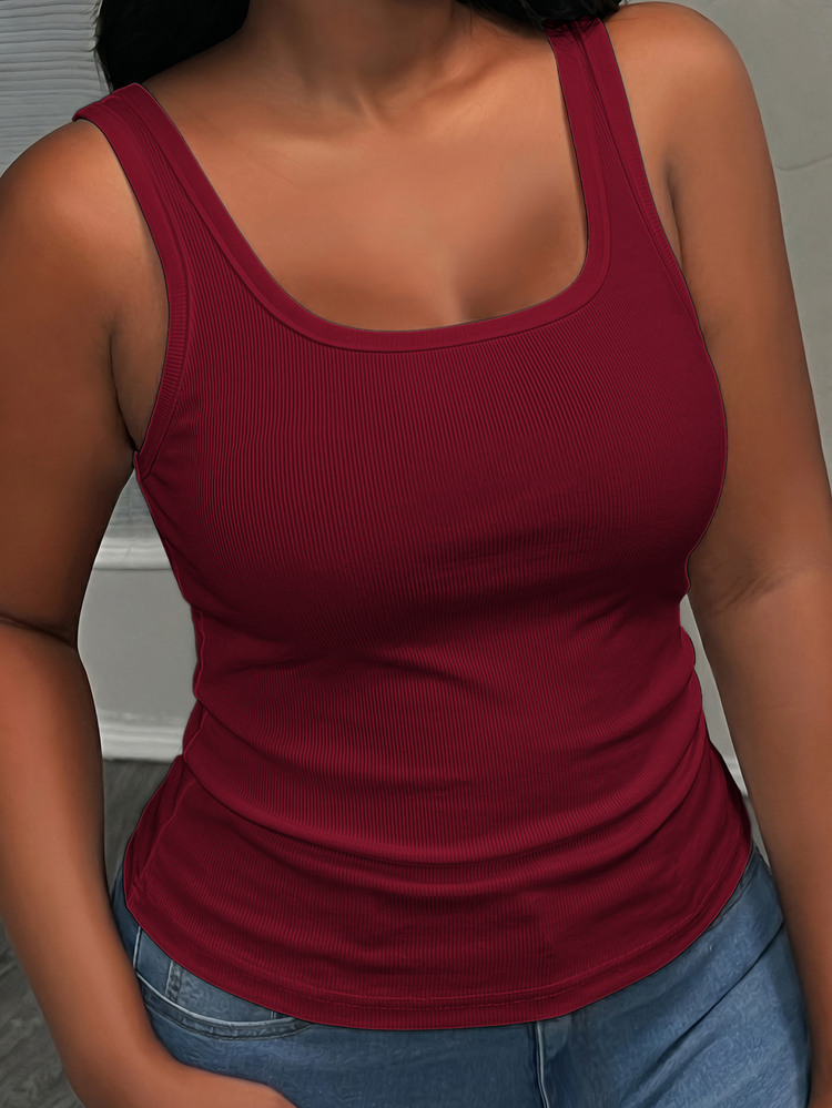 Slaydiva Plus Size Women Solid Color Square Neck Casual Versatile Tank Top - Burgundy - View 5