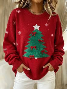 SHEIN Franclia Fall Winter Christmas Tree Pattern Knit Sweater, Snowflake Print Drop‑Shoulder Casual Pullover - Red - View 8