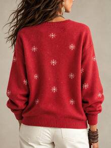 SHEIN Franclia Fall Winter Christmas Tree Pattern Knit Sweater, Snowflake Print Drop‑Shoulder Casual Pullover - Red - View 2