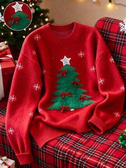 SHEIN Franclia Fall Winter Christmas Tree Pattern Knit Sweater, Snowflake Print Drop‑Shoulder Casual Pullover