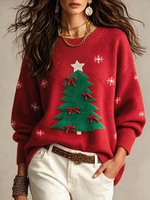 SHEIN Franclia Fall Winter Christmas Tree Pattern Knit Sweater, Snowflake Print Drop‑Shoulder Casual Pullover - Red - View 6