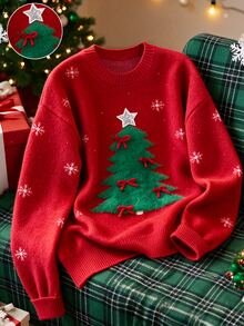 SHEIN Franclia Fall Winter Christmas Tree Pattern Knit Sweater, Snowflake Print Drop‑Shoulder Casual Pullover - Red - View 3