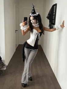 Coolane 女款夏季黑白條紋街頭風復古百搭側抽繩 Y2K 喇叭長褲，萬聖節 Cosplay 夜店穿搭 - 黑與白 - 查看 2