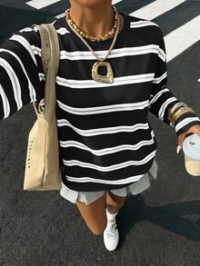 SHEIN CURVE+ 2026 大尺碼女款圓領露肩長袖條紋寬鬆休閒對比色條紋長袖T恤，適合旅行、返校、街頭風與Y2K風格穿搭 - 黑色 - 查看 6