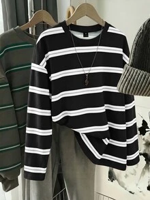 SHEIN CURVE+ 2026 大尺碼女款圓領露肩長袖條紋寬鬆休閒對比色條紋長袖T恤，適合旅行、返校、街頭風與Y2K風格穿搭 - 黑色 - 查看 1