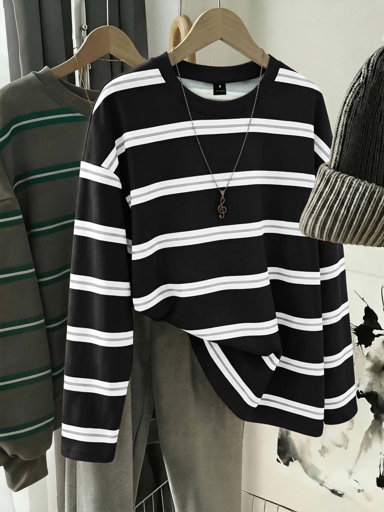 SHEIN CURVE+ 2026 大尺碼女款圓領露肩長袖條紋寬鬆休閒對比色條紋長袖T恤,適合旅行、返校、街頭風與Y2K風格穿搭 - 黑色 - 查看 1