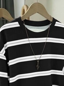 SHEIN CURVE+ 2026 大尺碼女款圓領露肩長袖條紋寬鬆休閒對比色條紋長袖T恤，適合旅行、返校、街頭風與Y2K風格穿搭 - 黑色 - 查看 3