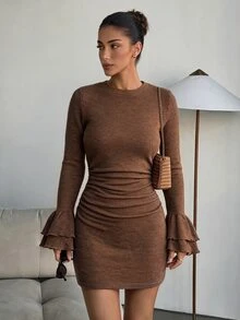 Lavishia 女款優雅休閒圓領秋季仿亞麻荷葉邊下擺短版修身洋裝，早午咖啡棕色 - 咖啡棕 - 查看 2