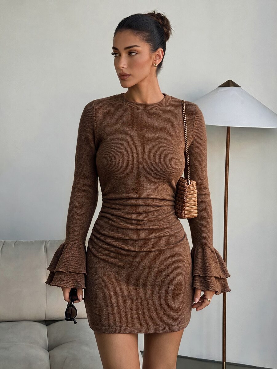 Lavishia 女款優雅休閒圓領秋季仿亞麻荷葉邊下擺短版修身洋裝，早午咖啡棕色