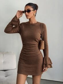 Lavishia 女款優雅休閒圓領秋季仿亞麻荷葉邊下擺短版修身洋裝，早午咖啡棕色 - 咖啡棕 - 查看 3