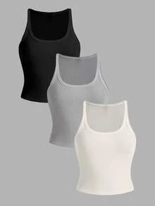Slaydiva Women's 3-Pack Casual Rib-Knit Scoop Neck Tank Tops, Regular Length Knitted Fabric Camis, Basic Essential Summer Tops Back To School - Multicolor - View 2