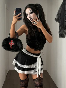 Coolane 女款秋季萬聖節巫師風外出服飾 西部風度假穿搭 復古細肩帶黑白迷你裙 - 黑與白 - 查看 3