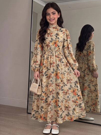 SHEIN Gaun Kasual Lengan Panjang Motif Bunga Dusty untuk Remaja Perempuan, Gaun Elegan untuk Perjalanan, Kerah Tegak, Lengan Lentera, Model A-Line, Gaya Vintage Musim Gugur