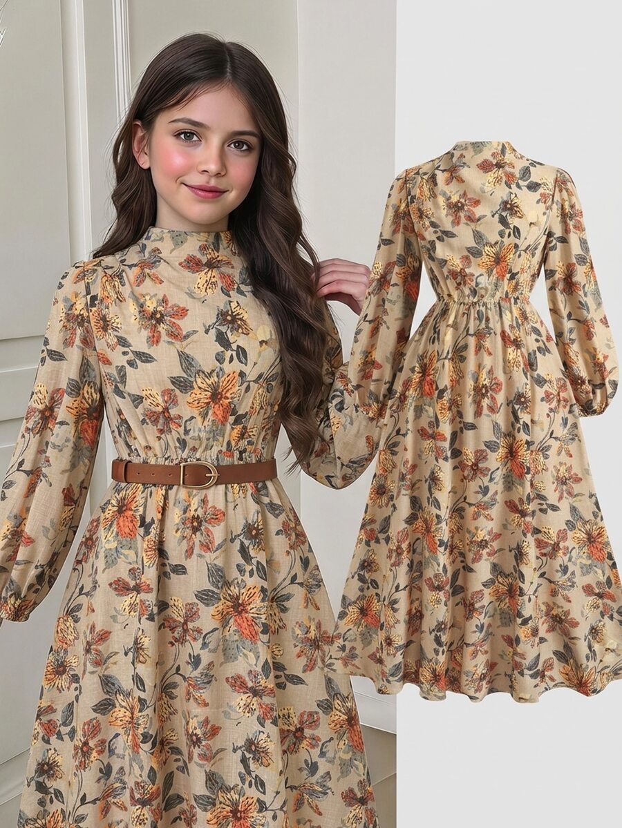 SHEIN Tween女孩兒童花卉印花長袖休閒優雅洋裝 通勤立領燈籠袖A字版型復古連身裙 秋季 - 棕色 - 查看 1