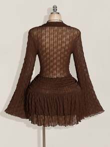 SHEIN ICON Plus Size Casual Sexy Fitted Long Sleeve Top And Skirt 2 Pieces Set, Suitable For Autumn Chocolate Brown Crinkle Fall Clothes For Women Night Evening - Coffee Brown - View 3