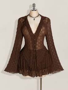 SHEIN ICON Plus Size Casual Sexy Fitted Long Sleeve Top And Skirt 2 Pieces Set, Suitable For Autumn Chocolate Brown Crinkle Fall Clothes For Women Night Evening - Coffee Brown - View 5