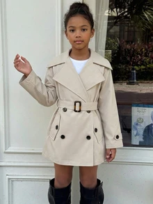 SHEIN Tween Girls Elegant Double-Breasted Belted Trench Coat French Style Clothes In Fall/Winter Kids - Khaki - View 11