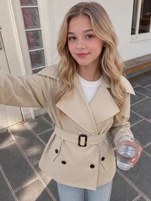 SHEIN Tween Girls Elegant Double-Breasted Belted Trench Coat French Style Clothes In Fall/Winter Kids - Khaki - View 1