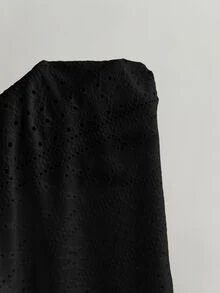 Flirla French Style Pure White Knit Jacquard Drawstring V-Neck Short Sleeve Fitted Casual Versatile Top For Women - Black - View 5