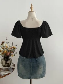 Flirla French Style Pure White Knit Jacquard Drawstring V-Neck Short Sleeve Fitted Casual Versatile Top For Women - Black - View 3
