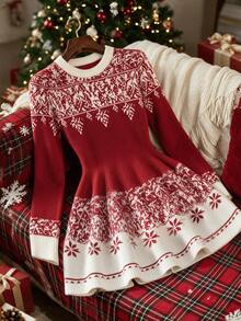SHEIN Franclia Christmas Snowflake Pattern Knit Mini Dress Crew Neck Long Sleeve Bodycon Sweater Dress - Red and White - View 1